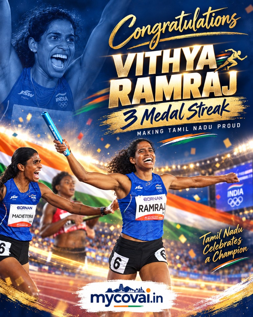 Celebration graphic for Coimbatore athlete Vithya Ramraj’s three-medal Asian Games 2026 campaign
