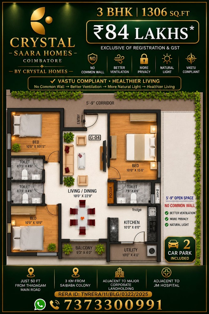 3 BHK floor plan — 1,306 sq.ft (from ₹84 lakhs*)